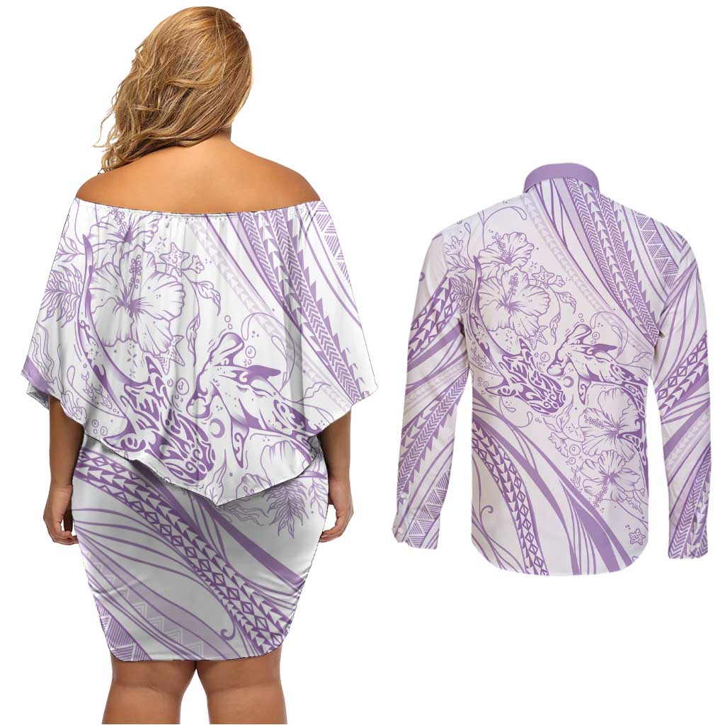 Sharks Couple Dreamy Polynesians Floral Sea Couples Matching Off Shoulder Short Dress and Long Sleeve Button Shirt Lilac LT7 - Polynesian Pride