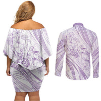 Sharks Couple Dreamy Polynesians Floral Sea Couples Matching Off Shoulder Short Dress and Long Sleeve Button Shirt Lilac LT7 - Polynesian Pride