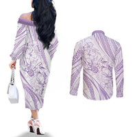 Sharks Couple Dreamy Polynesians Floral Sea Couples Matching Off The Shoulder Long Sleeve Dress and Long Sleeve Button Shirt Lilac LT7 - Polynesian Pride