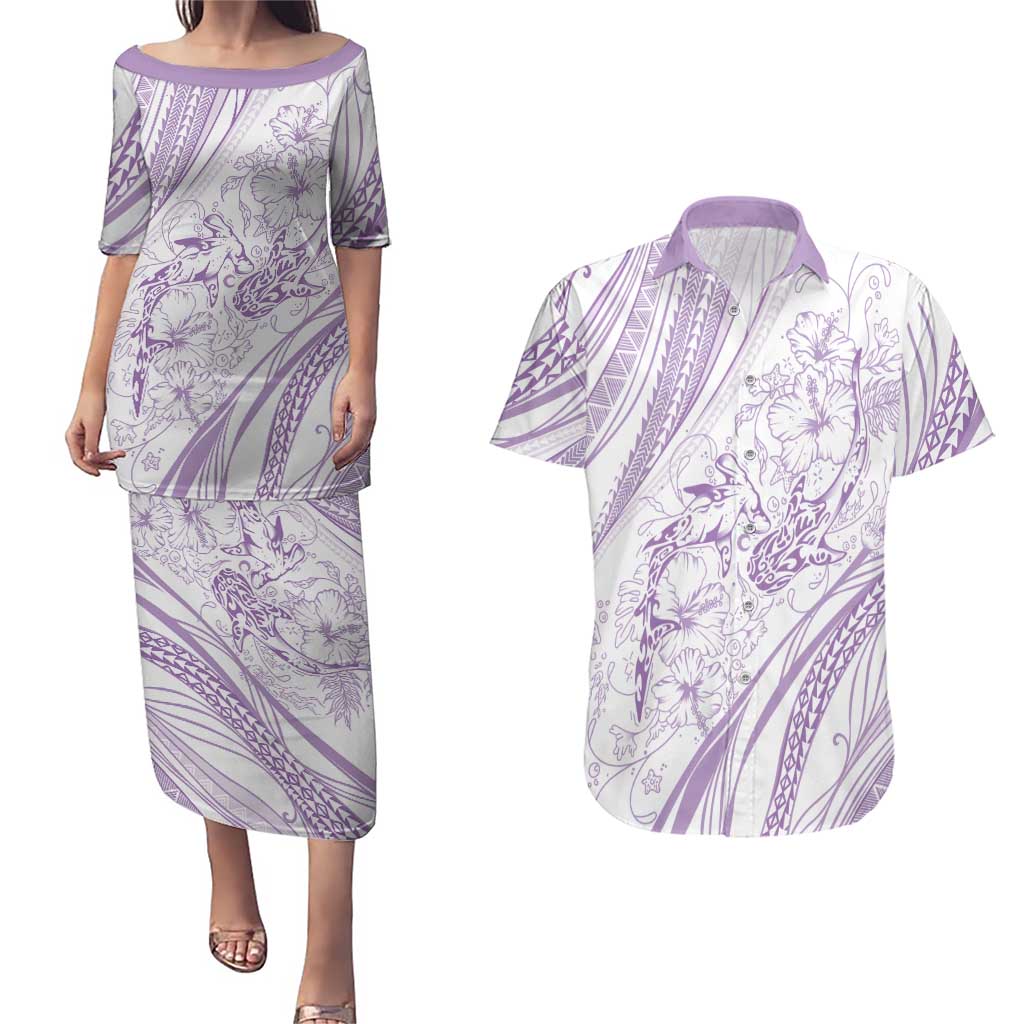 Sharks Couple Dreamy Polynesians Floral Sea Couples Matching Puletasi and Hawaiian Shirt Lilac LT7 Lilac - Polynesian Pride
