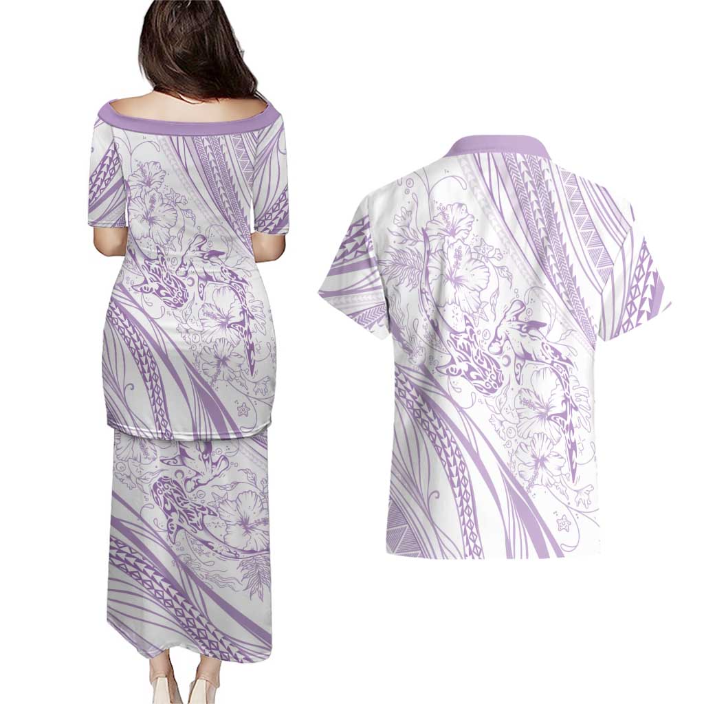 Sharks Couple Dreamy Polynesians Floral Sea Couples Matching Puletasi and Hawaiian Shirt Lilac LT7 - Polynesian Pride