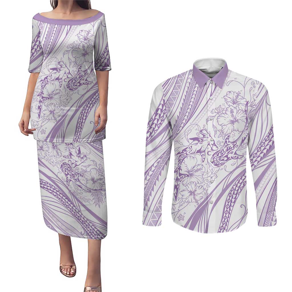 Sharks Couple Dreamy Polynesians Floral Sea Couples Matching Puletasi and Long Sleeve Button Shirt Lilac LT7 Lilac - Polynesian Pride