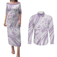 Sharks Couple Dreamy Polynesians Floral Sea Couples Matching Puletasi and Long Sleeve Button Shirt Lilac LT7 Lilac - Polynesian Pride