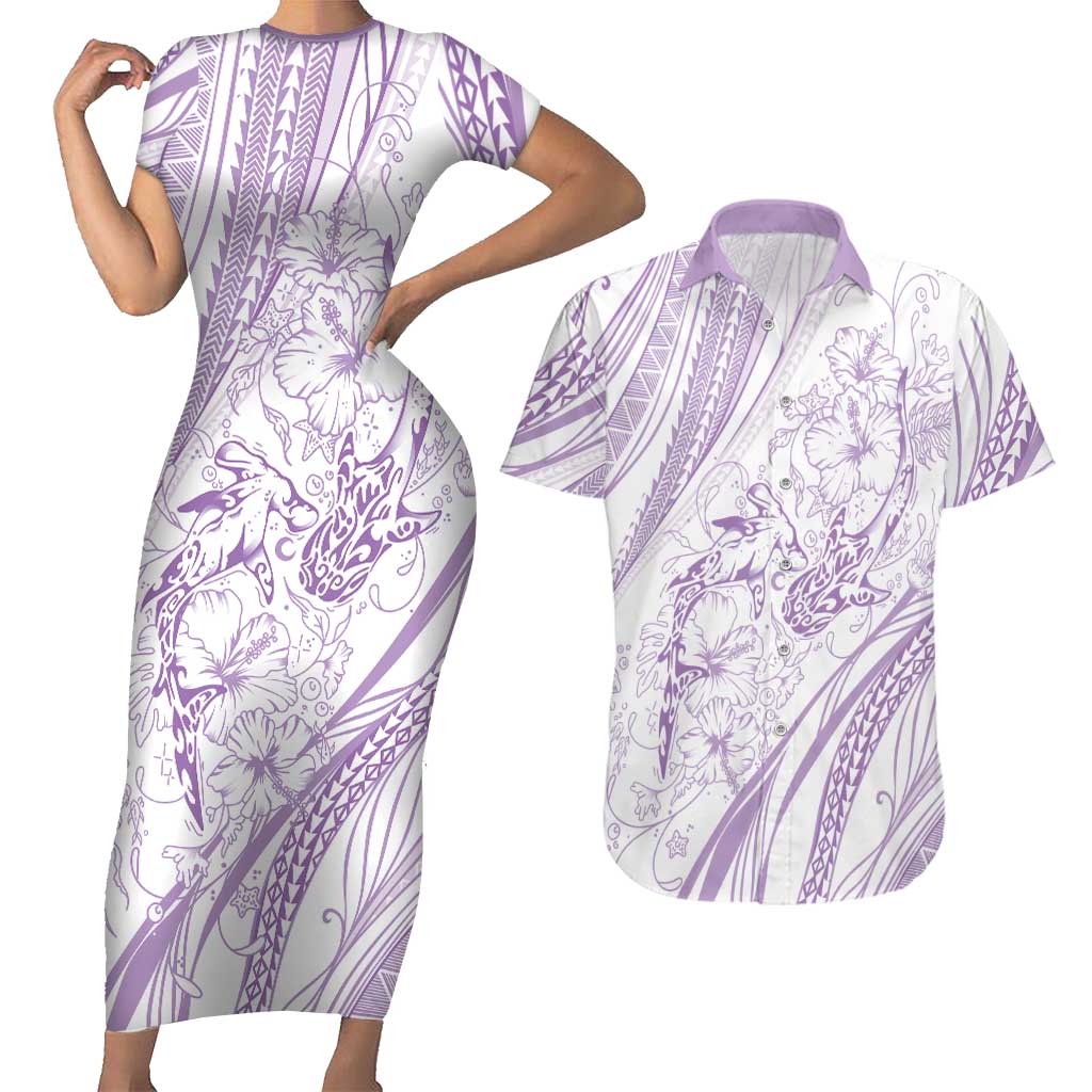 Sharks Couple Dreamy Polynesians Floral Sea Couples Matching Short Sleeve Bodycon Dress and Hawaiian Shirt Lilac LT7 Lilac - Polynesian Pride
