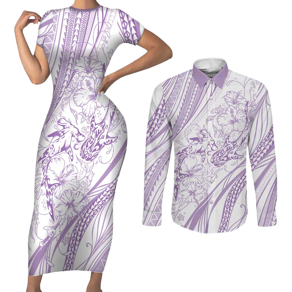 Sharks Couple Dreamy Polynesians Floral Sea Couples Matching Short Sleeve Bodycon Dress and Long Sleeve Button Shirt Lilac LT7 Lilac - Polynesian Pride
