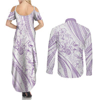 Sharks Couple Dreamy Polynesians Floral Sea Couples Matching Summer Maxi Dress and Long Sleeve Button Shirt Lilac LT7 - Polynesian Pride