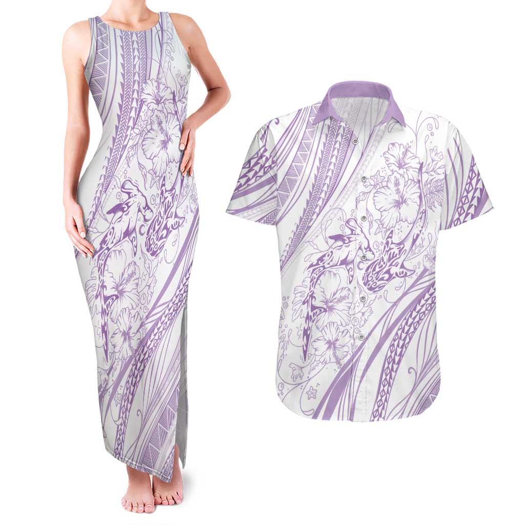 Sharks Couple Dreamy Polynesians Floral Sea Couples Matching Tank Maxi Dress and Hawaiian Shirt Lilac LT7 Lilac - Polynesian Pride