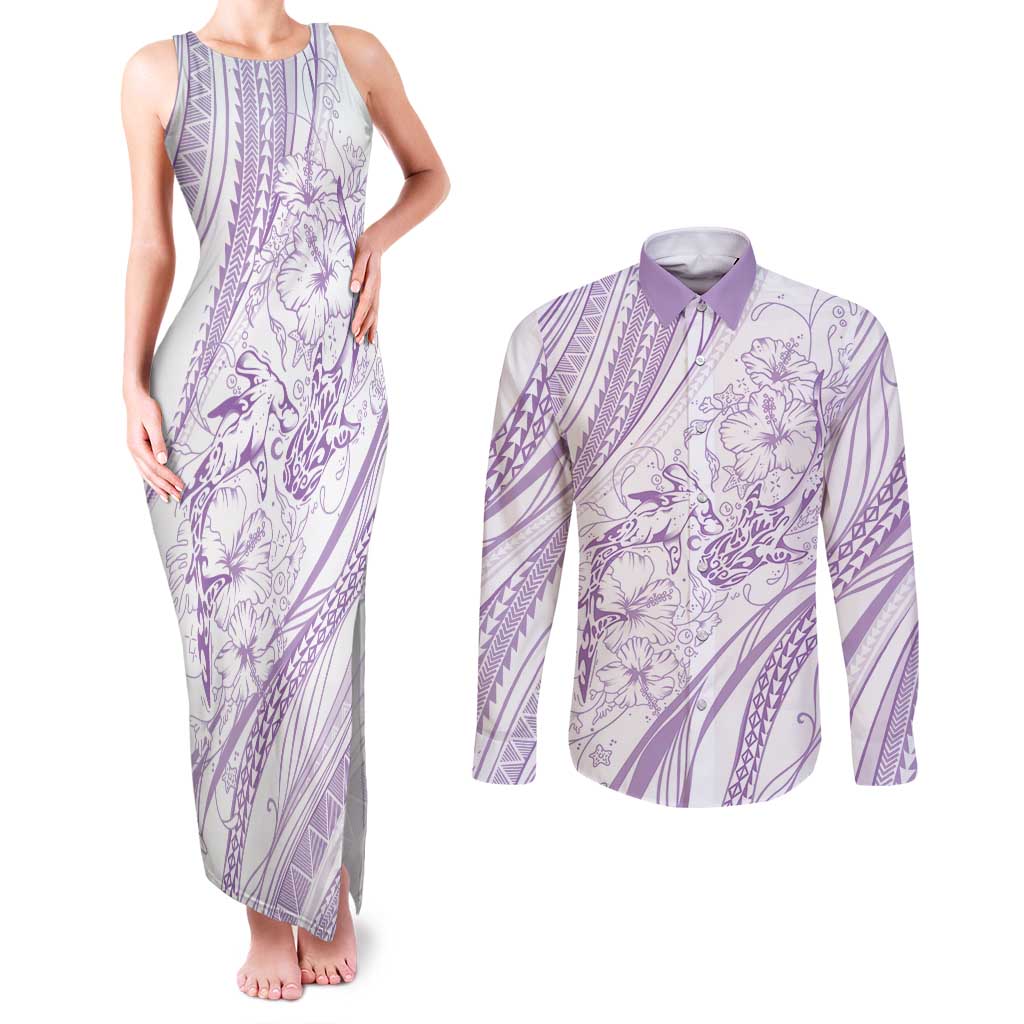 Sharks Couple Dreamy Polynesians Floral Sea Couples Matching Tank Maxi Dress and Long Sleeve Button Shirt Lilac LT7 Lilac - Polynesian Pride