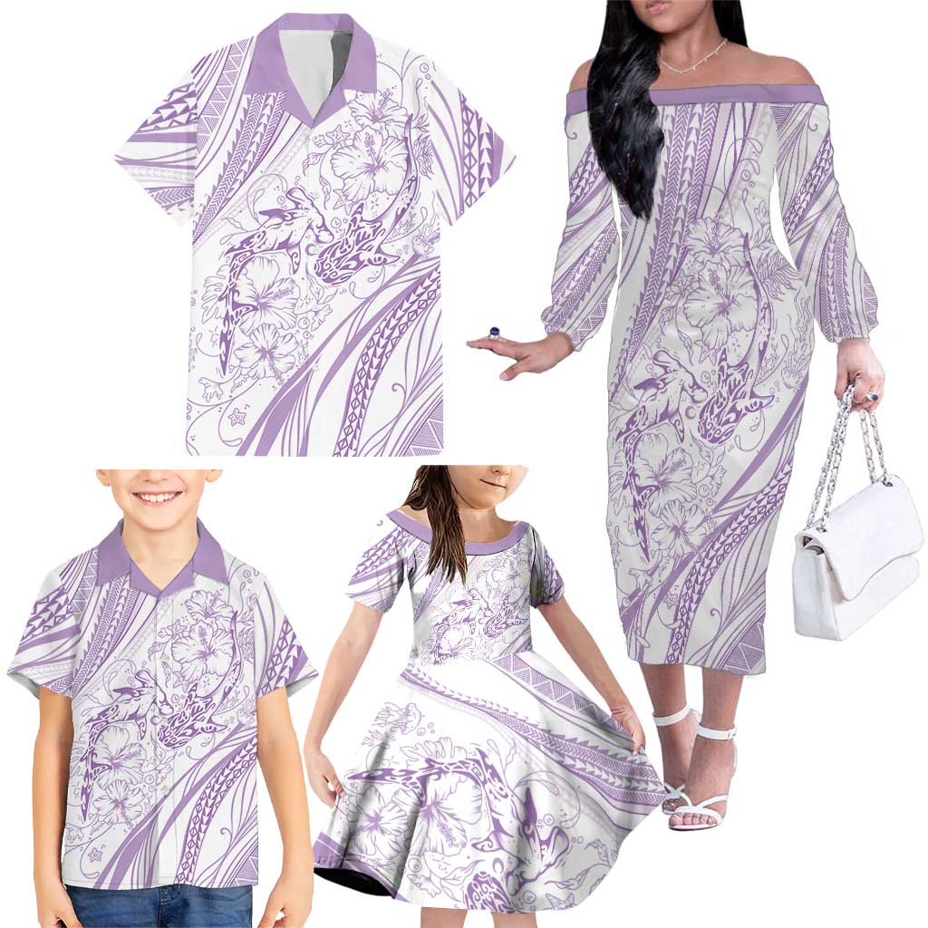 Sharks Couple Dreamy Polynesians Floral Sea Family Matching Off The Shoulder Long Sleeve Dress and Hawaiian Shirt Lilac LT7 - Polynesian Pride