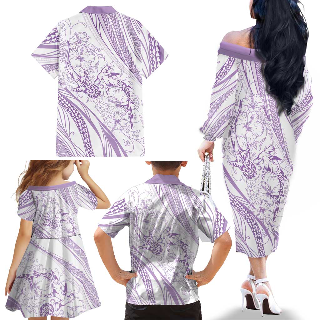 Sharks Couple Dreamy Polynesians Floral Sea Family Matching Off The Shoulder Long Sleeve Dress and Hawaiian Shirt Lilac LT7 - Polynesian Pride