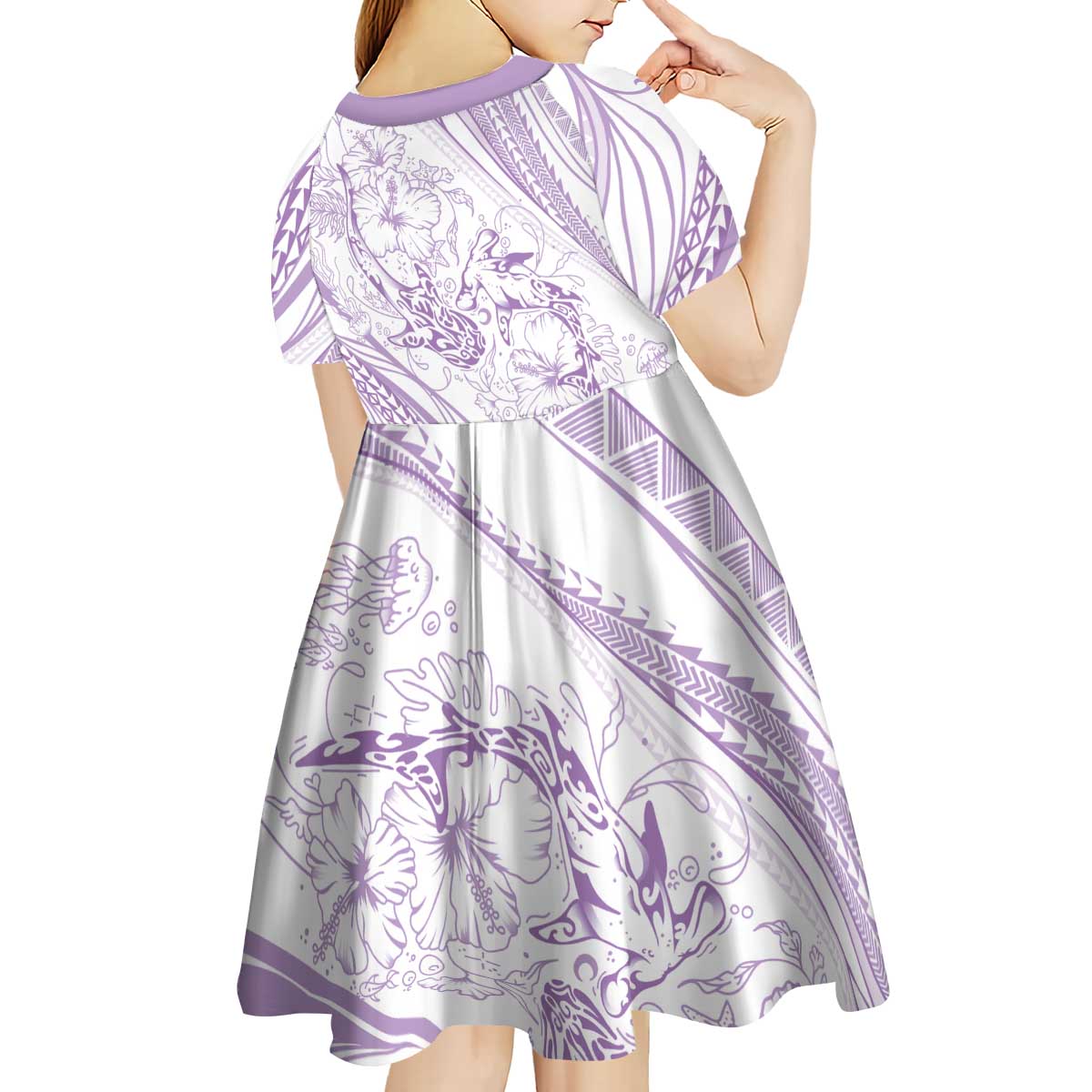 Sharks Couple Dreamy Polynesians Floral Sea Kid Short Sleeve Dress Lilac LT7 - Polynesian Pride
