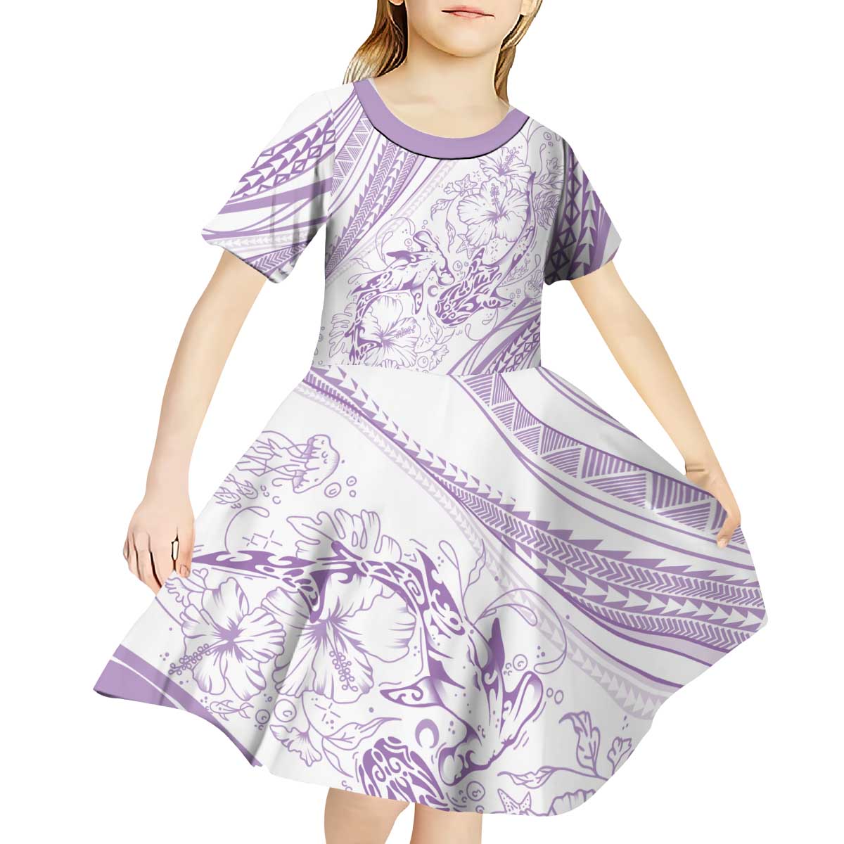 Sharks Couple Dreamy Polynesians Floral Sea Kid Short Sleeve Dress Lilac LT7 - Polynesian Pride