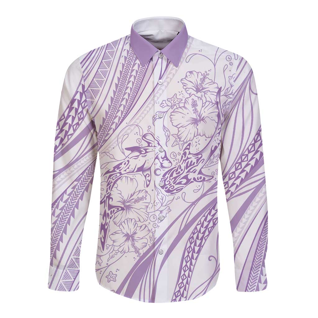 Sharks Couple Dreamy Polynesians Floral Sea Long Sleeve Button Shirt Lilac - Polynesian Pride