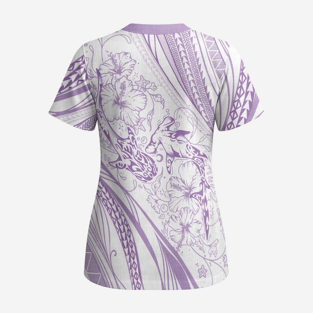 Sharks Couple Dreamy Polynesians Floral Sea Scrub Top Lilac - Polynesian Pride