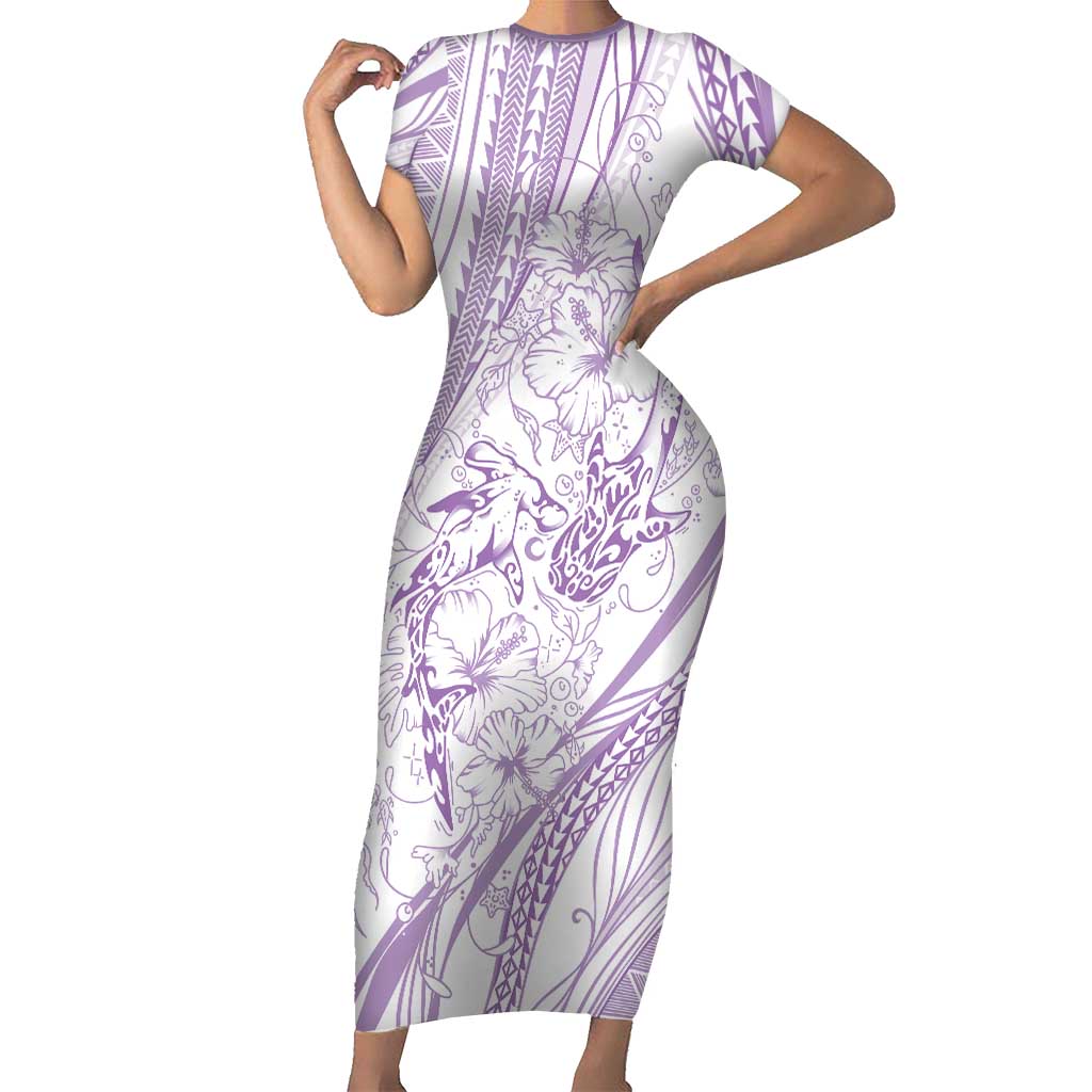 Sharks Couple Dreamy Polynesians Floral Sea Short Sleeve Bodycon Dress Lilac LT7 Long Dress Lilac - Polynesian Pride