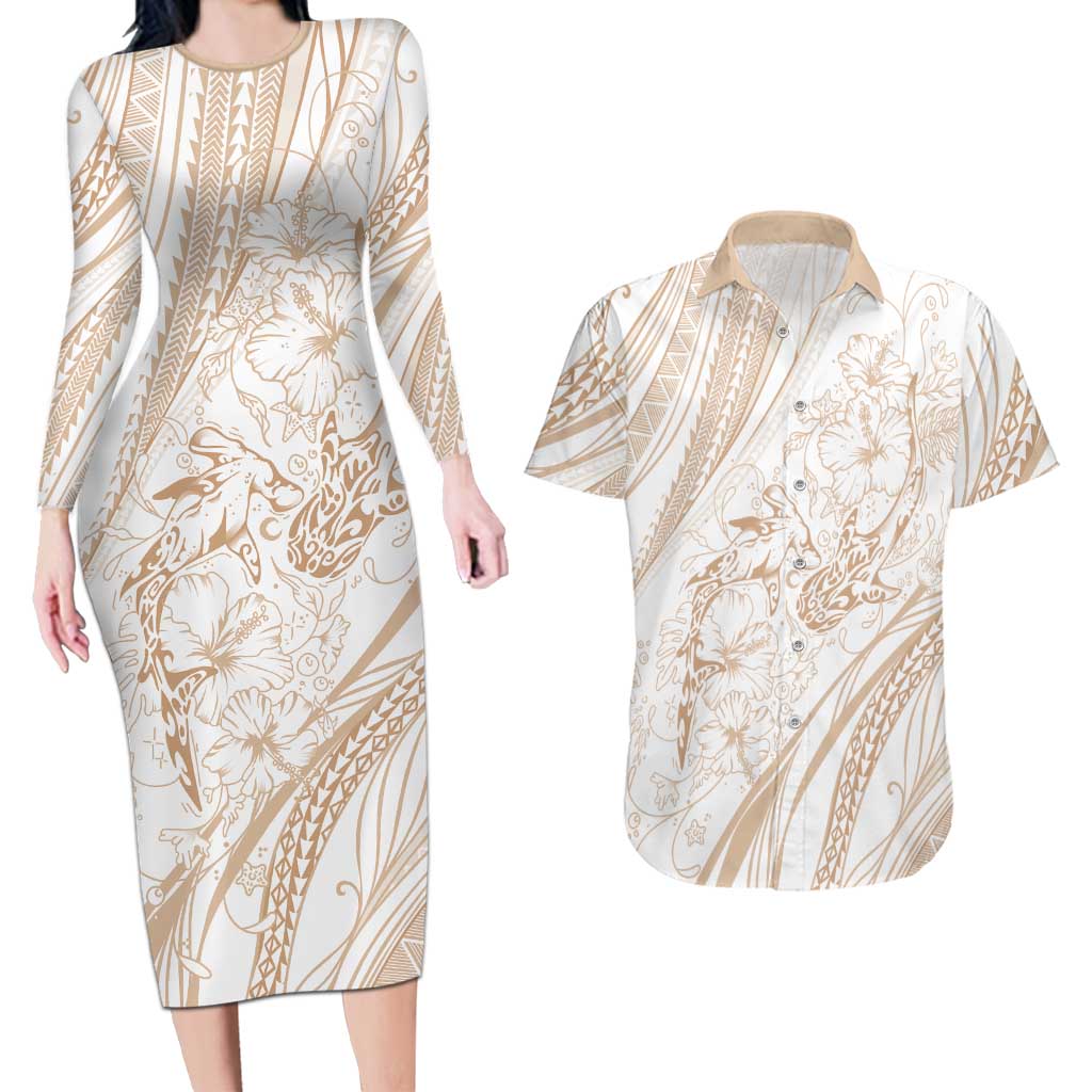 Sharks Couple Dreamy Polynesians Floral Sea Couples Matching Long Sleeve Bodycon Dress and Hawaiian Shirt Hazel LT7 Hazel - Polynesian Pride