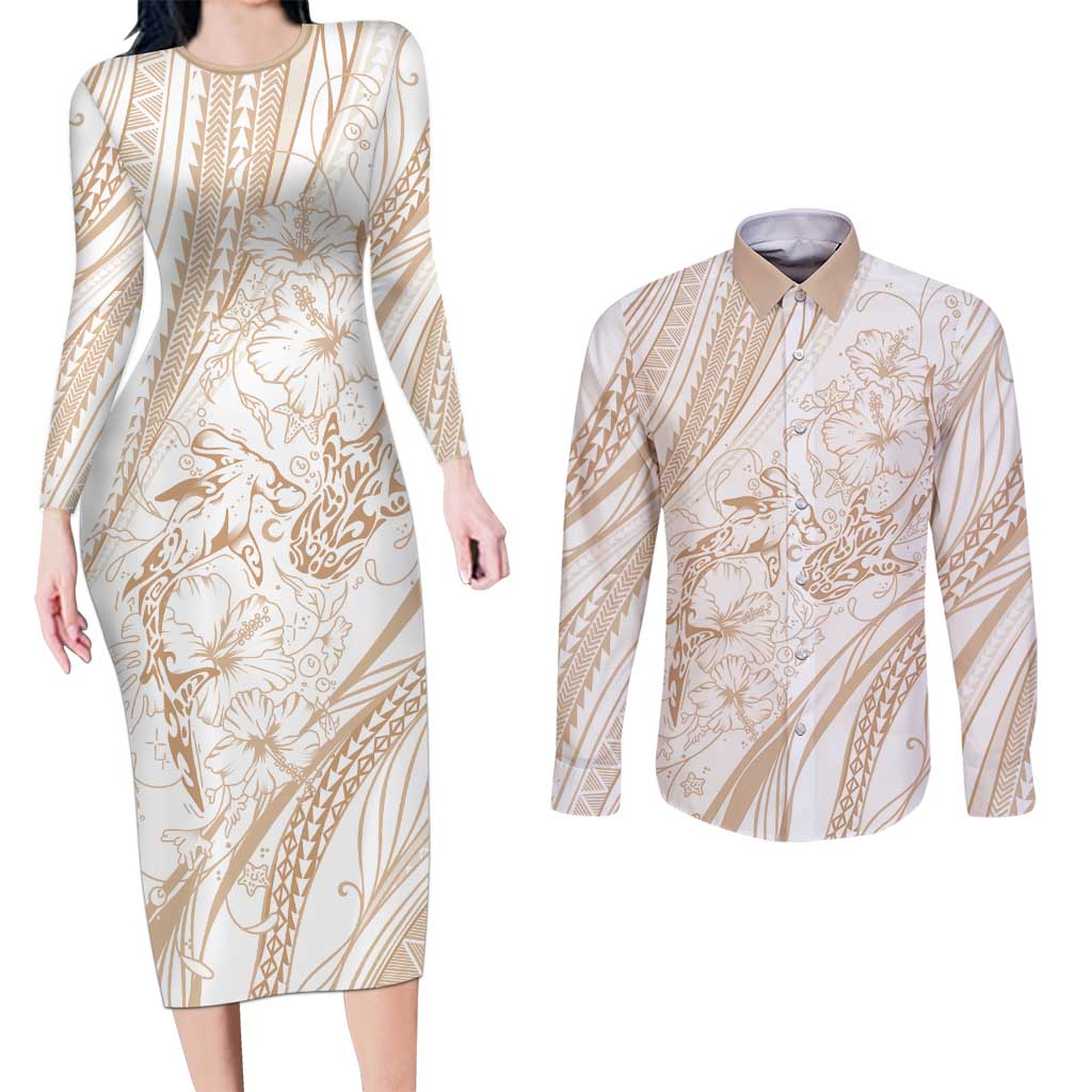 Sharks Couple Dreamy Polynesians Floral Sea Couples Matching Long Sleeve Bodycon Dress and Long Sleeve Button Shirt Hazel LT7 Hazel - Polynesian Pride