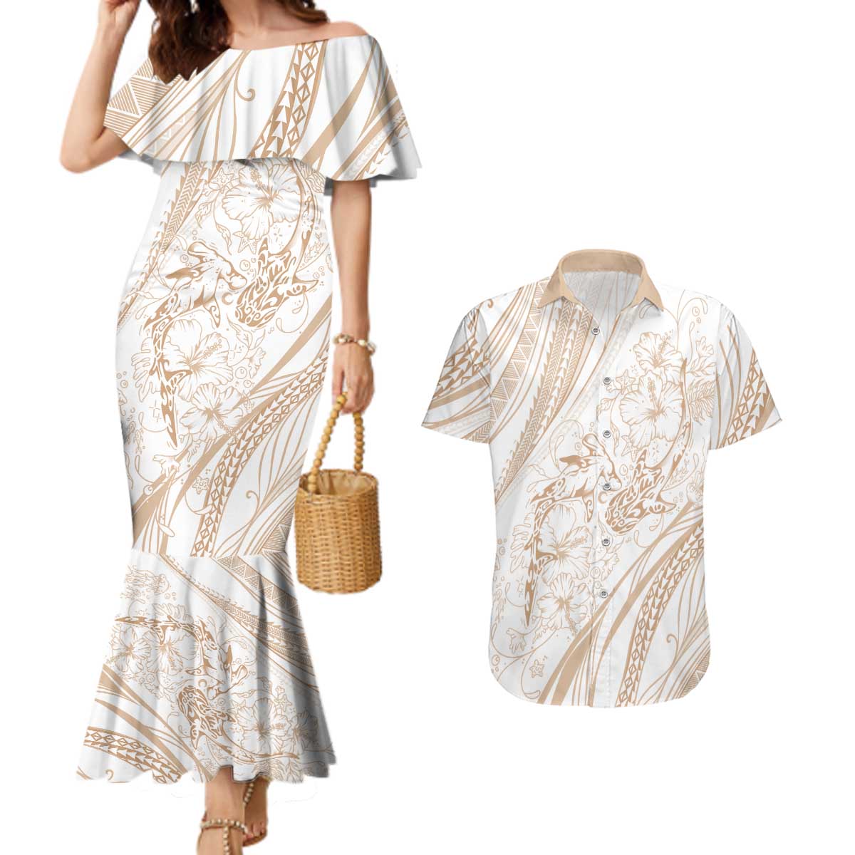 Sharks Couple Dreamy Polynesians Floral Sea Couples Matching Mermaid Dress and Hawaiian Shirt Hazel LT7 Hazel - Polynesian Pride