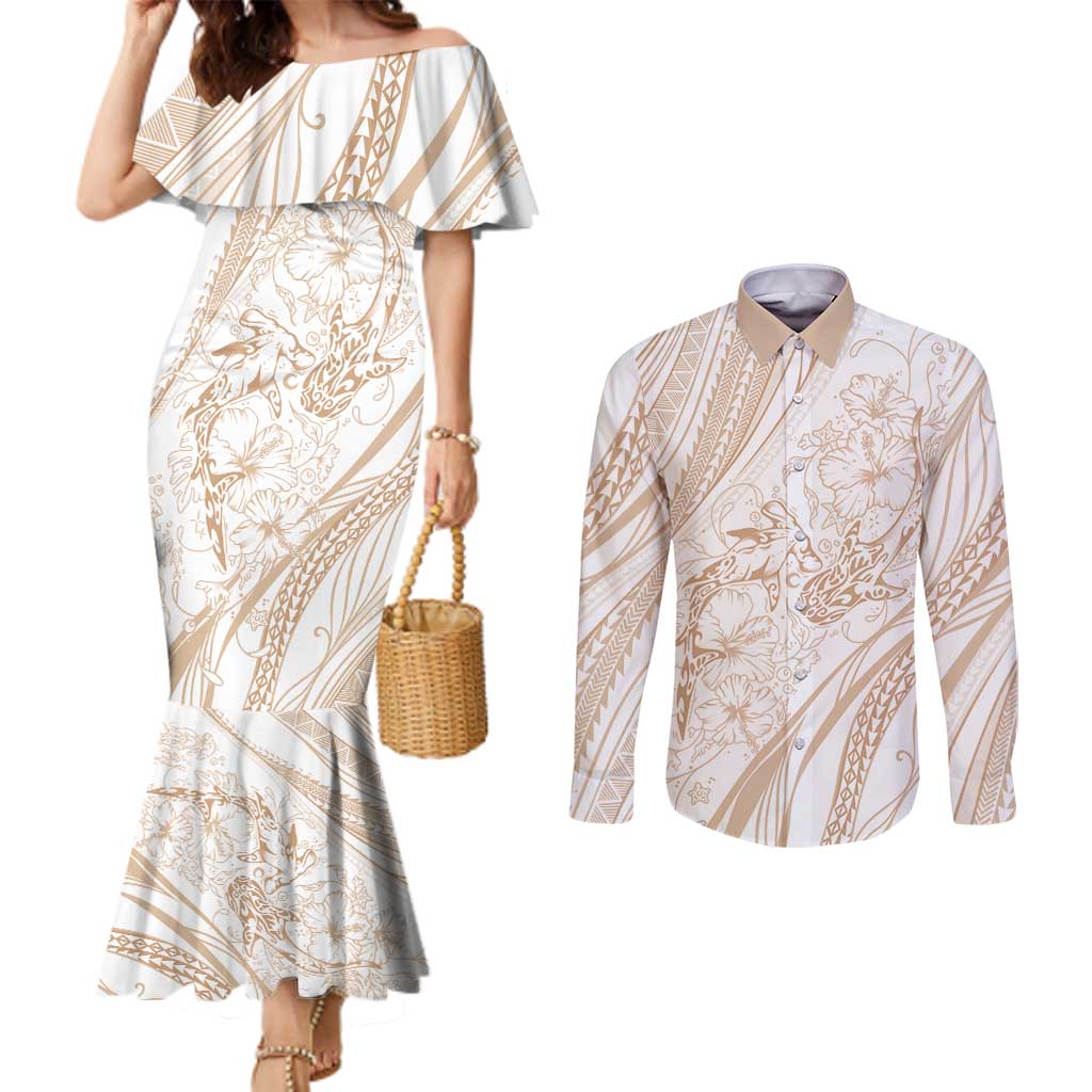 Sharks Couple Dreamy Polynesians Floral Sea Couples Matching Mermaid Dress and Long Sleeve Button Shirt Hazel LT7 Hazel - Polynesian Pride