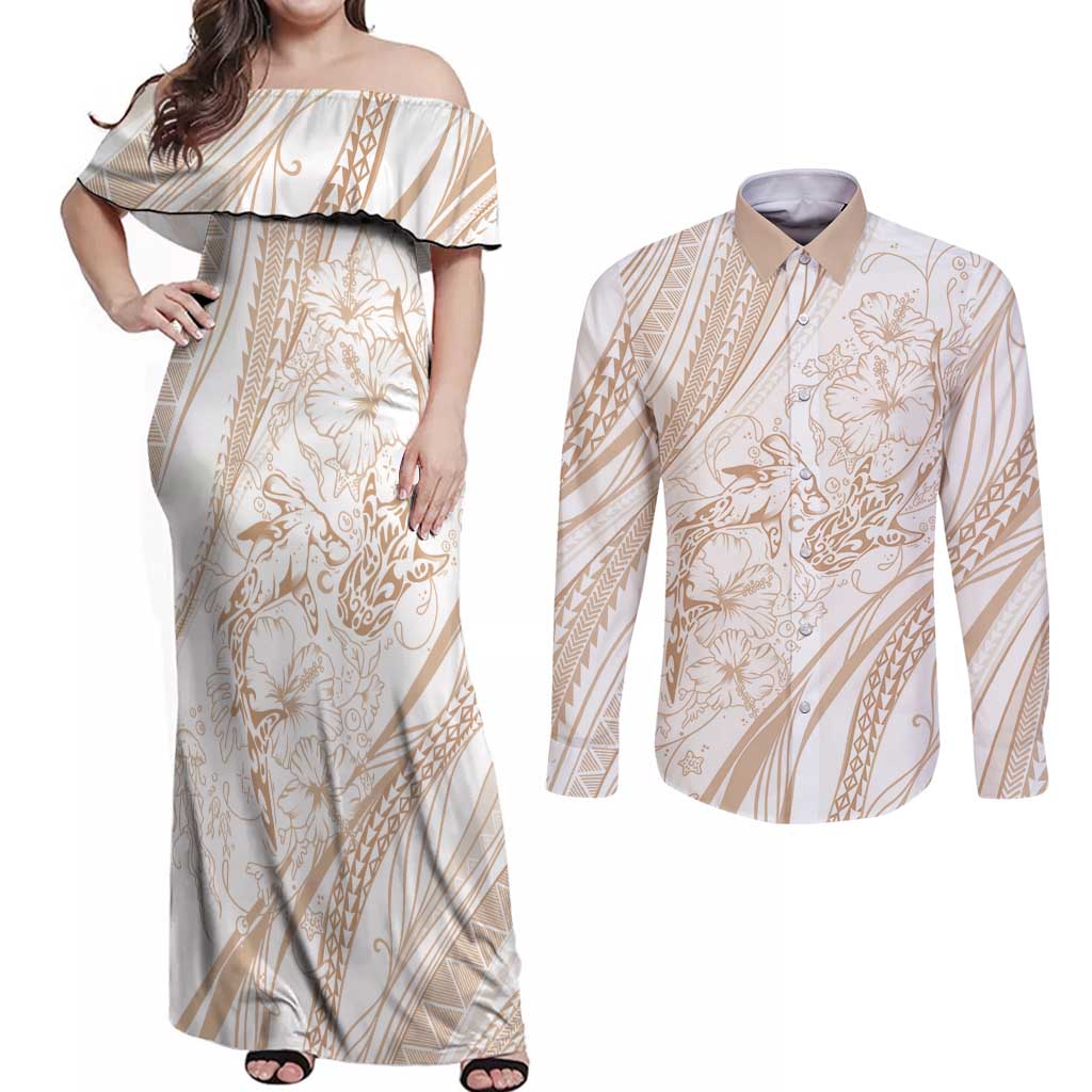 Sharks Couple Dreamy Polynesians Floral Sea Couples Matching Off Shoulder Maxi Dress and Long Sleeve Button Shirt Hazel LT7 Hazel - Polynesian Pride