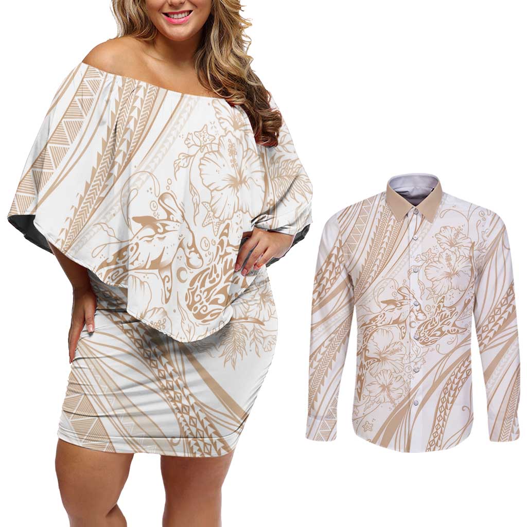 Sharks Couple Dreamy Polynesians Floral Sea Couples Matching Off Shoulder Short Dress and Long Sleeve Button Shirt Hazel LT7 Hazel - Polynesian Pride