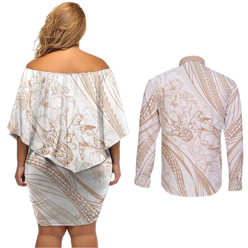Sharks Couple Dreamy Polynesians Floral Sea Couples Matching Off Shoulder Short Dress and Long Sleeve Button Shirt Hazel LT7 - Polynesian Pride