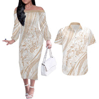 Sharks Couple Dreamy Polynesians Floral Sea Couples Matching Off The Shoulder Long Sleeve Dress and Hawaiian Shirt Hazel LT7 Hazel - Polynesian Pride