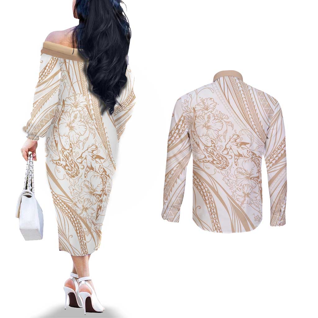 Sharks Couple Dreamy Polynesians Floral Sea Couples Matching Off The Shoulder Long Sleeve Dress and Long Sleeve Button Shirt Hazel LT7 - Polynesian Pride
