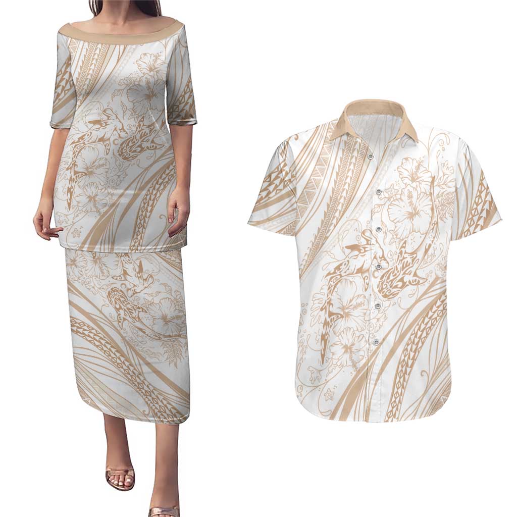 Sharks Couple Dreamy Polynesians Floral Sea Couples Matching Puletasi and Hawaiian Shirt Hazel - Polynesian Pride