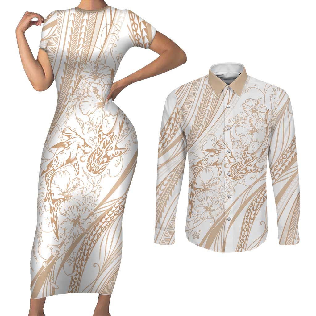Sharks Couple Dreamy Polynesians Floral Sea Couples Matching Short Sleeve Bodycon Dress and Long Sleeve Button Shirt Hazel LT7 Hazel - Polynesian Pride