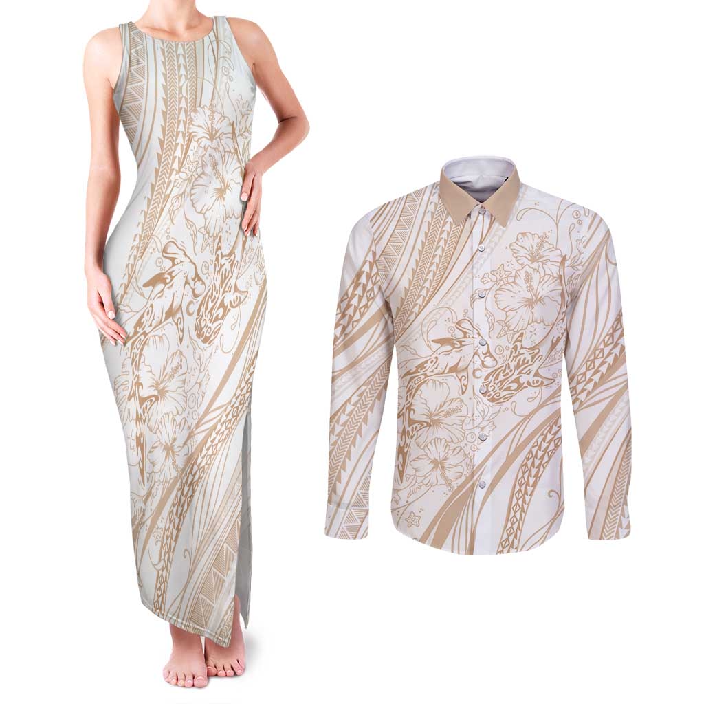 Sharks Couple Dreamy Polynesians Floral Sea Couples Matching Tank Maxi Dress and Long Sleeve Button Shirt Hazel LT7 Hazel - Polynesian Pride