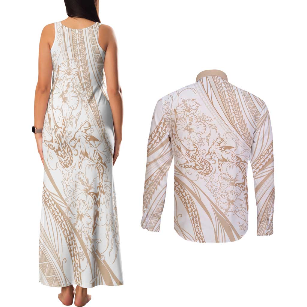 Sharks Couple Dreamy Polynesians Floral Sea Couples Matching Tank Maxi Dress and Long Sleeve Button Shirt Hazel LT7 - Polynesian Pride