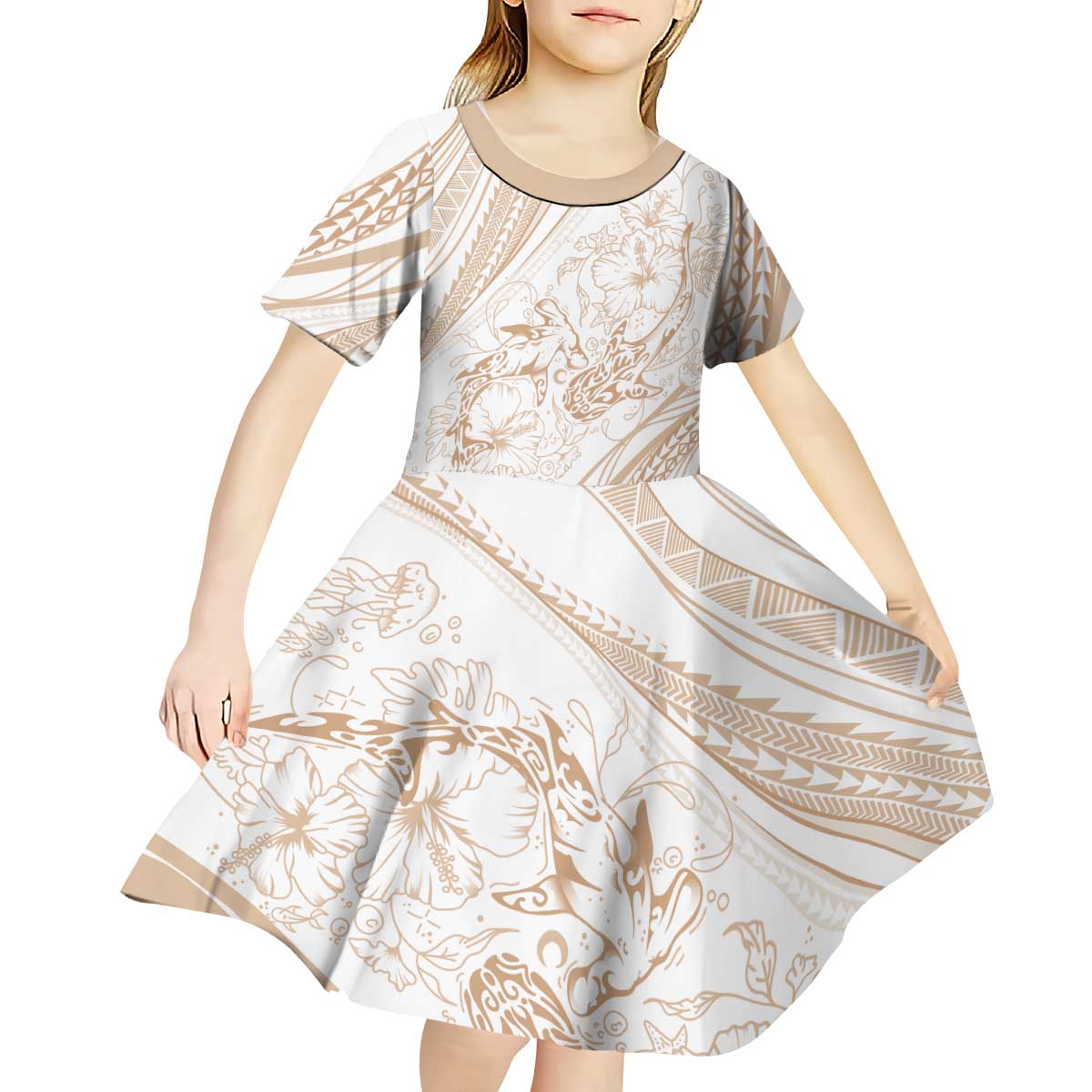 Sharks Couple Dreamy Polynesians Floral Sea Kid Short Sleeve Dress Hazel - Polynesian Pride