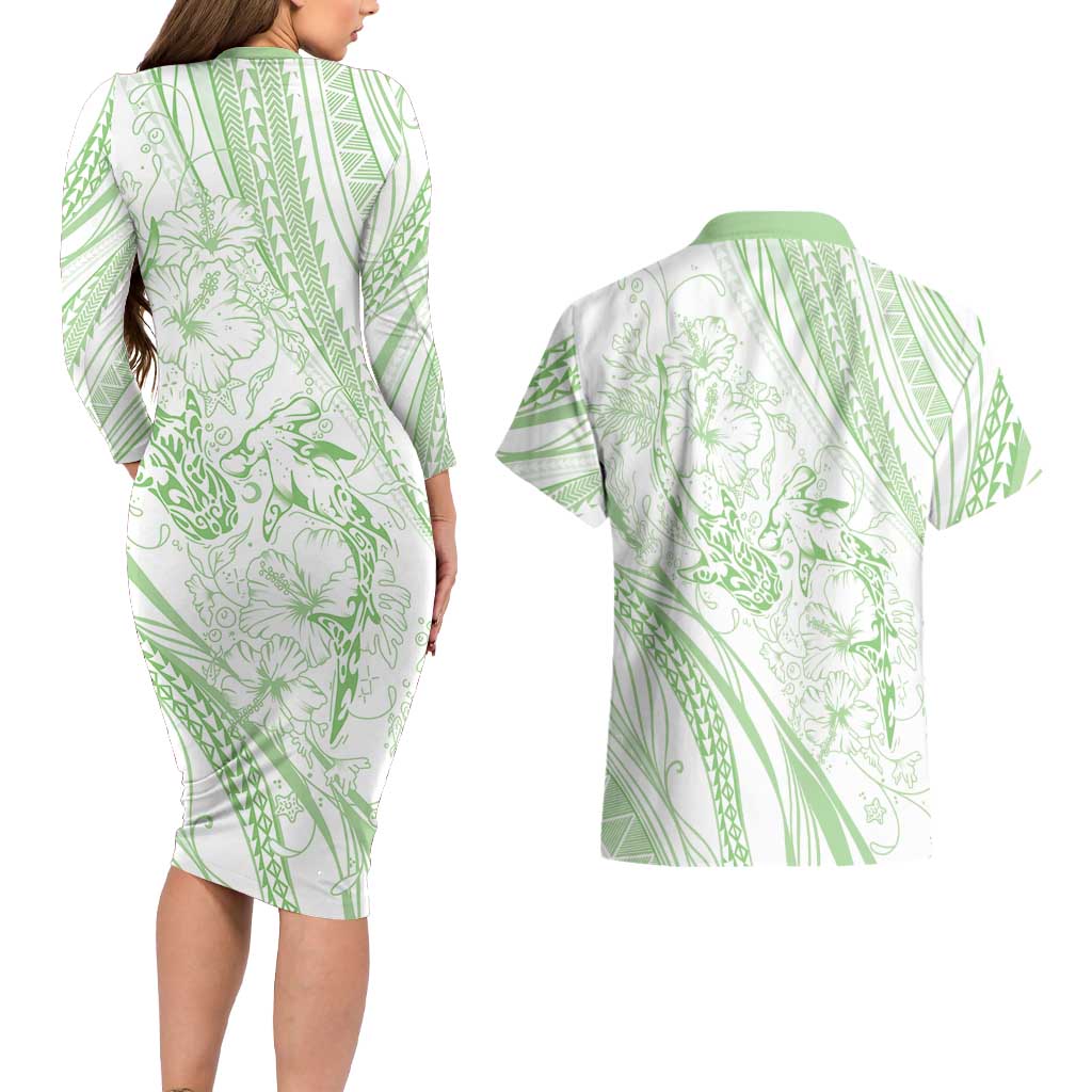 Sharks Couple Dreamy Polynesians Floral Sea Couples Matching Long Sleeve Bodycon Dress and Hawaiian Shirt Emerald LT7 - Polynesian Pride