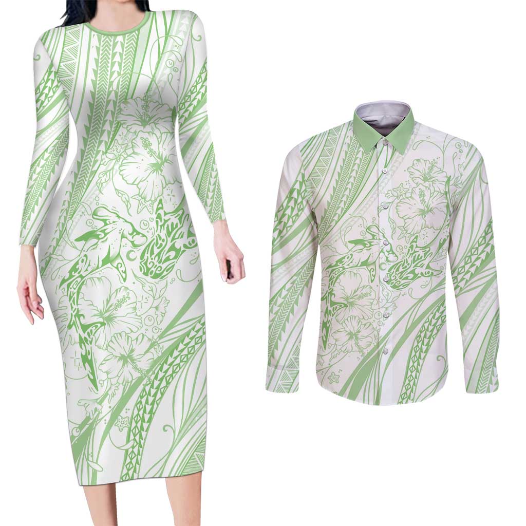 Sharks Couple Dreamy Polynesians Floral Sea Couples Matching Long Sleeve Bodycon Dress and Long Sleeve Button Shirt Emerald LT7 Emerald - Polynesian Pride