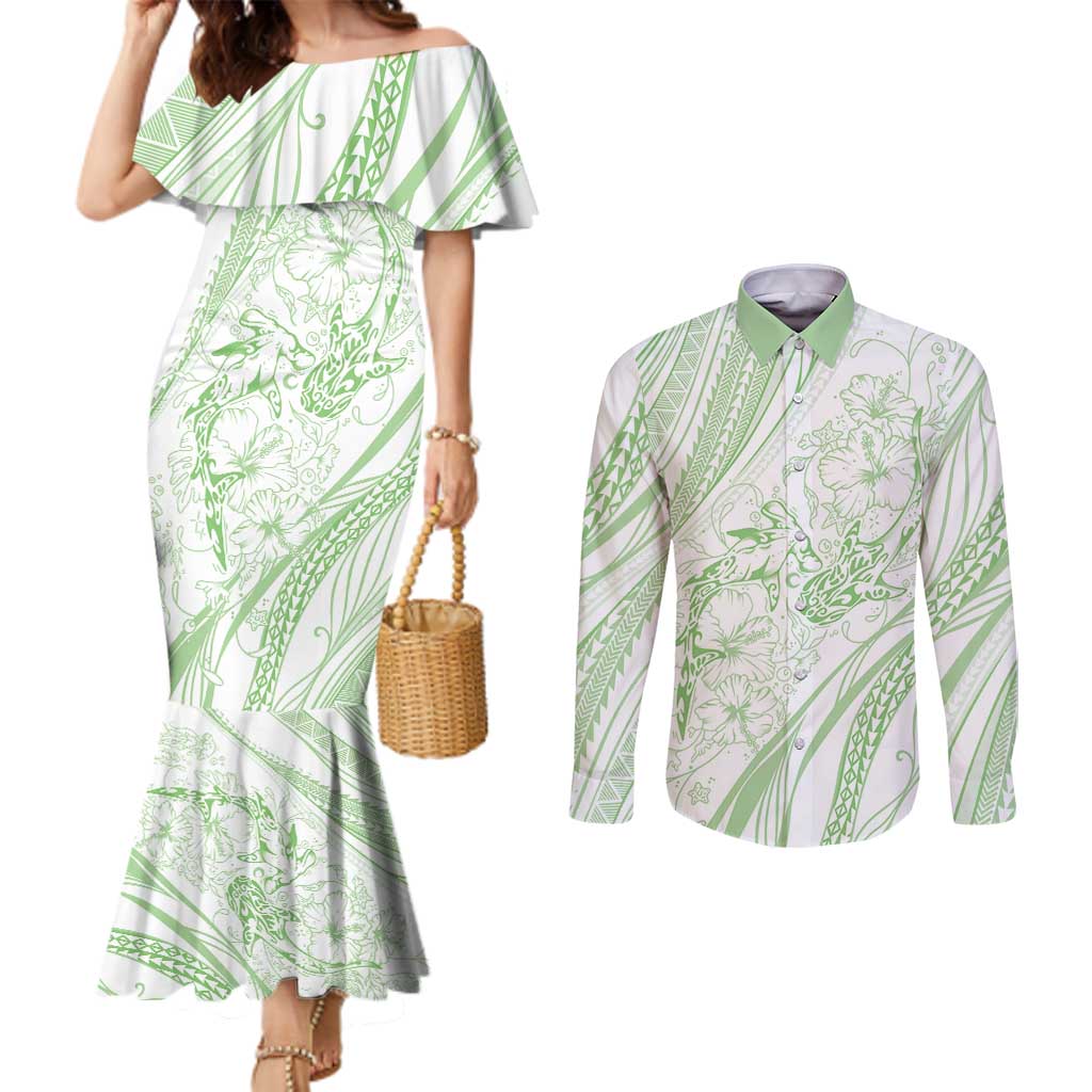 Sharks Couple Dreamy Polynesians Floral Sea Couples Matching Mermaid Dress and Long Sleeve Button Shirt Emerald LT7 Emerald - Polynesian Pride