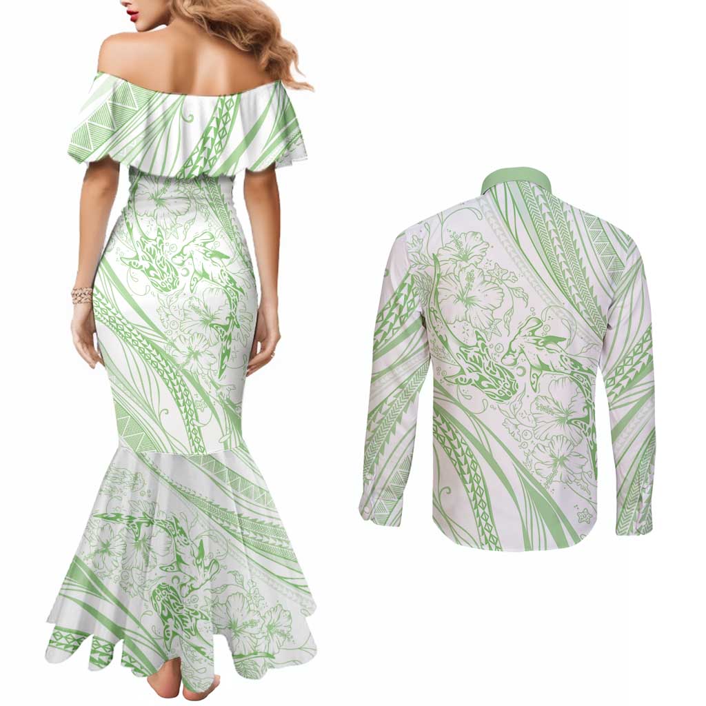 Sharks Couple Dreamy Polynesians Floral Sea Couples Matching Mermaid Dress and Long Sleeve Button Shirt Emerald LT7 - Polynesian Pride