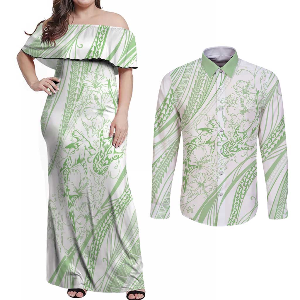 Sharks Couple Dreamy Polynesians Floral Sea Couples Matching Off Shoulder Maxi Dress and Long Sleeve Button Shirt Emerald LT7 Emerald - Polynesian Pride