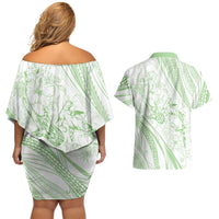Sharks Couple Dreamy Polynesians Floral Sea Couples Matching Off Shoulder Short Dress and Hawaiian Shirt Emerald LT7 - Polynesian Pride