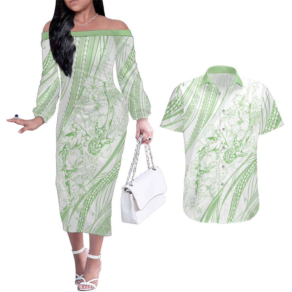 Sharks Couple Dreamy Polynesians Floral Sea Couples Matching Off The Shoulder Long Sleeve Dress and Hawaiian Shirt Emerald LT7 Emerald - Polynesian Pride