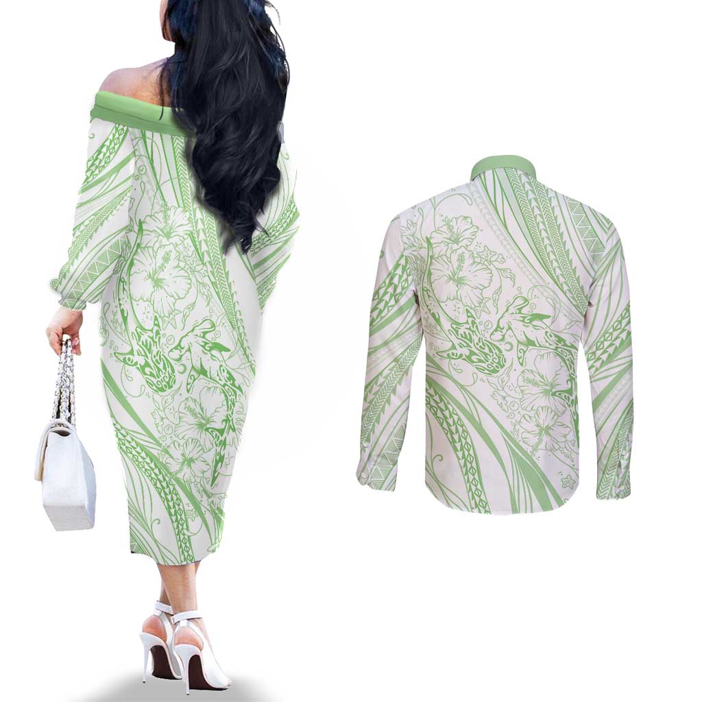 Sharks Couple Dreamy Polynesians Floral Sea Couples Matching Off The Shoulder Long Sleeve Dress and Long Sleeve Button Shirt Emerald LT7 - Polynesian Pride
