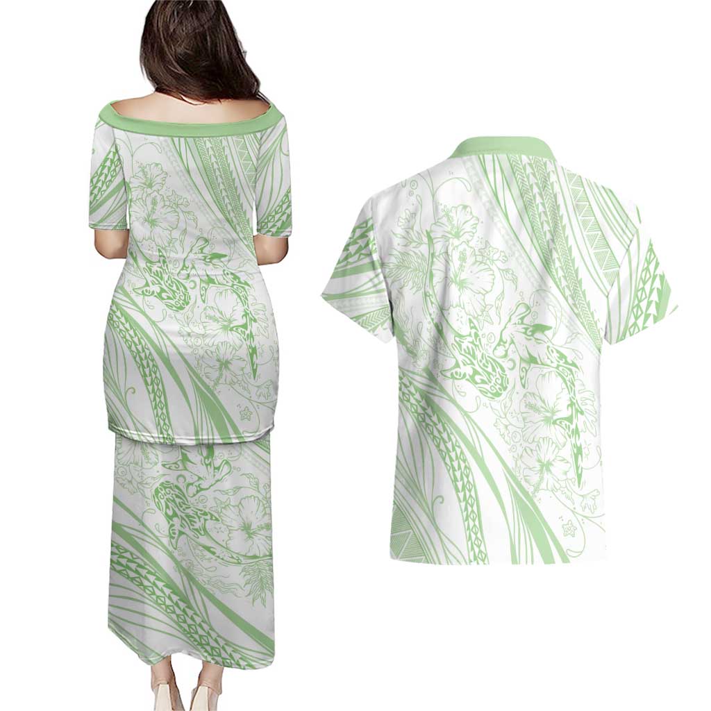 Sharks Couple Dreamy Polynesians Floral Sea Couples Matching Puletasi and Hawaiian Shirt Emerald LT7 - Polynesian Pride