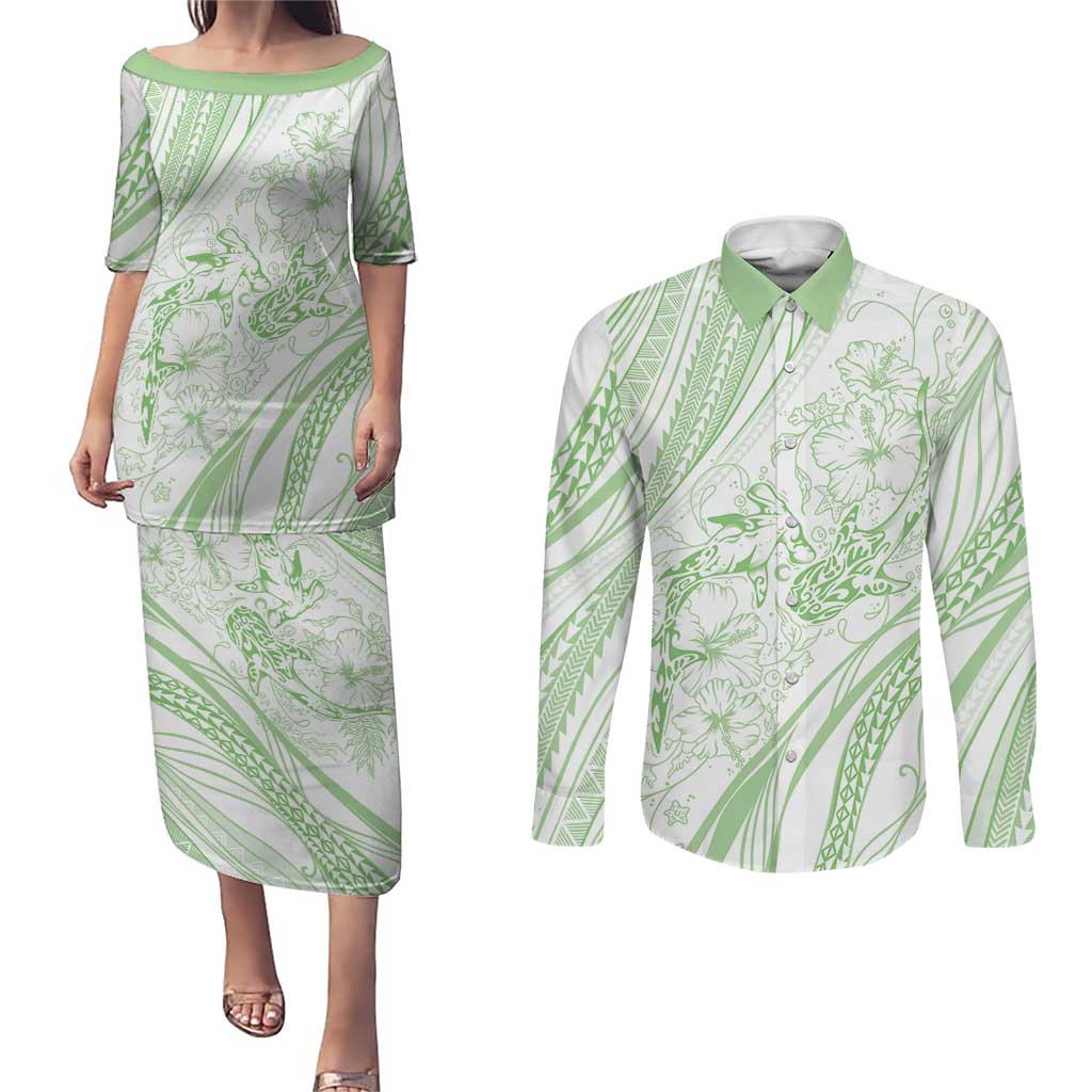 Sharks Couple Dreamy Polynesians Floral Sea Couples Matching Puletasi and Long Sleeve Button Shirt Emerald LT7 Emerald - Polynesian Pride