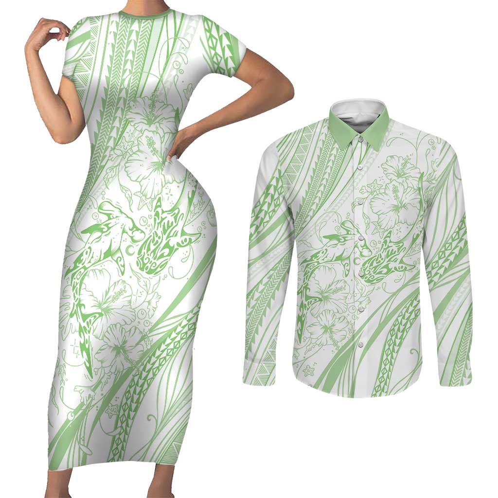 Sharks Couple Dreamy Polynesians Floral Sea Couples Matching Short Sleeve Bodycon Dress and Long Sleeve Button Shirt Emerald LT7 Emerald - Polynesian Pride