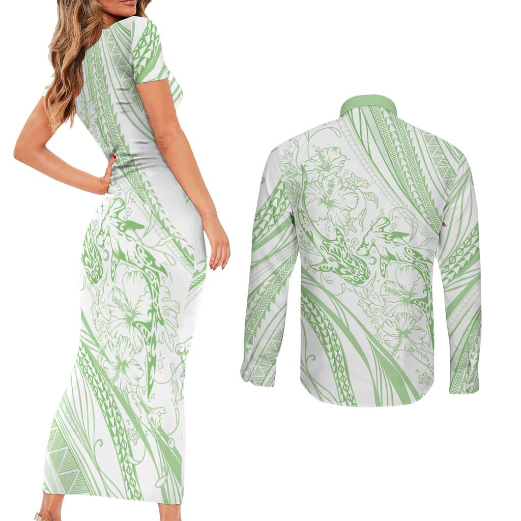 Sharks Couple Dreamy Polynesians Floral Sea Couples Matching Short Sleeve Bodycon Dress and Long Sleeve Button Shirt Emerald LT7 - Polynesian Pride
