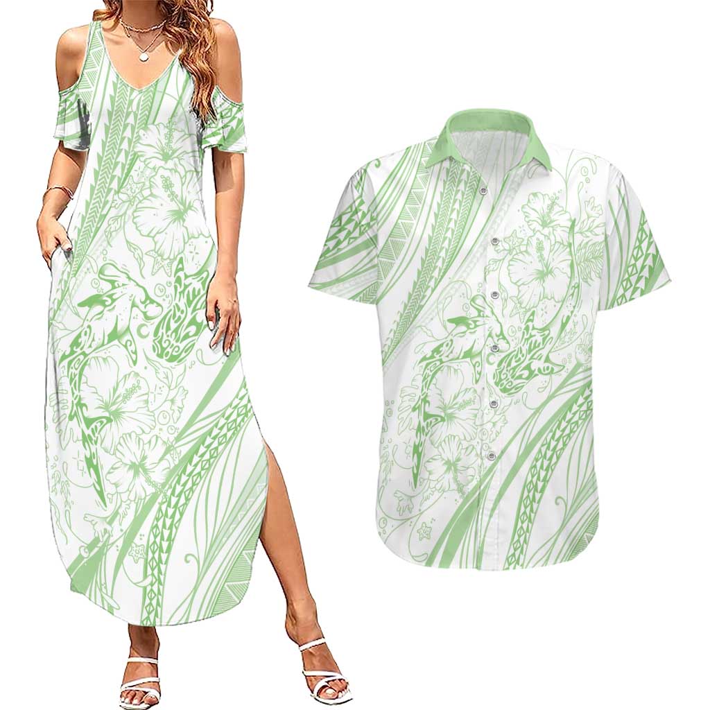 Sharks Couple Dreamy Polynesians Floral Sea Couples Matching Summer Maxi Dress and Hawaiian Shirt Emerald LT7 Emerald - Polynesian Pride