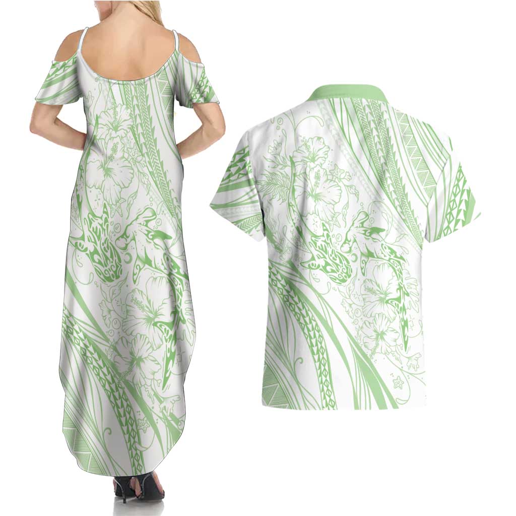 Sharks Couple Dreamy Polynesians Floral Sea Couples Matching Summer Maxi Dress and Hawaiian Shirt Emerald LT7 - Polynesian Pride