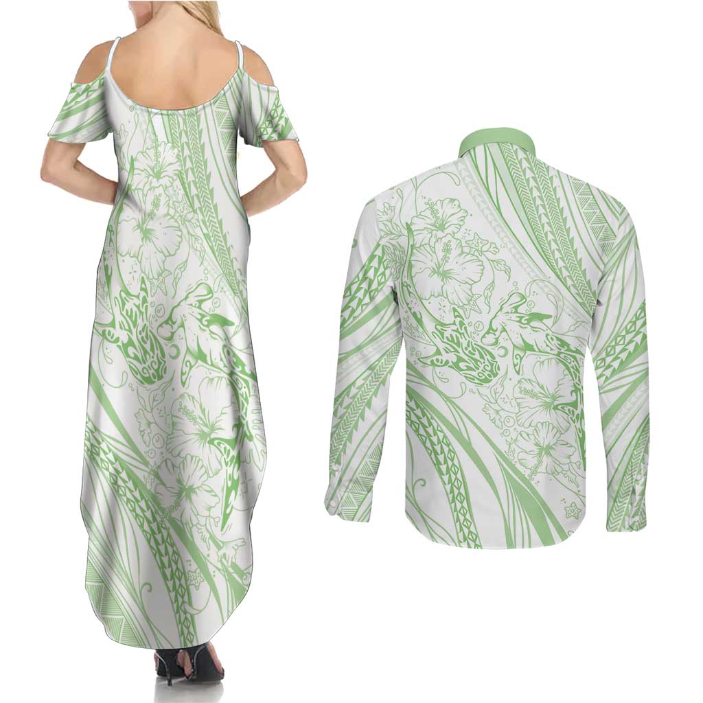 Sharks Couple Dreamy Polynesians Floral Sea Couples Matching Summer Maxi Dress and Long Sleeve Button Shirt Emerald LT7 - Polynesian Pride