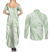 Sharks Couple Dreamy Polynesians Floral Sea Couples Matching Summer Maxi Dress and Long Sleeve Button Shirt Emerald LT7 - Polynesian Pride