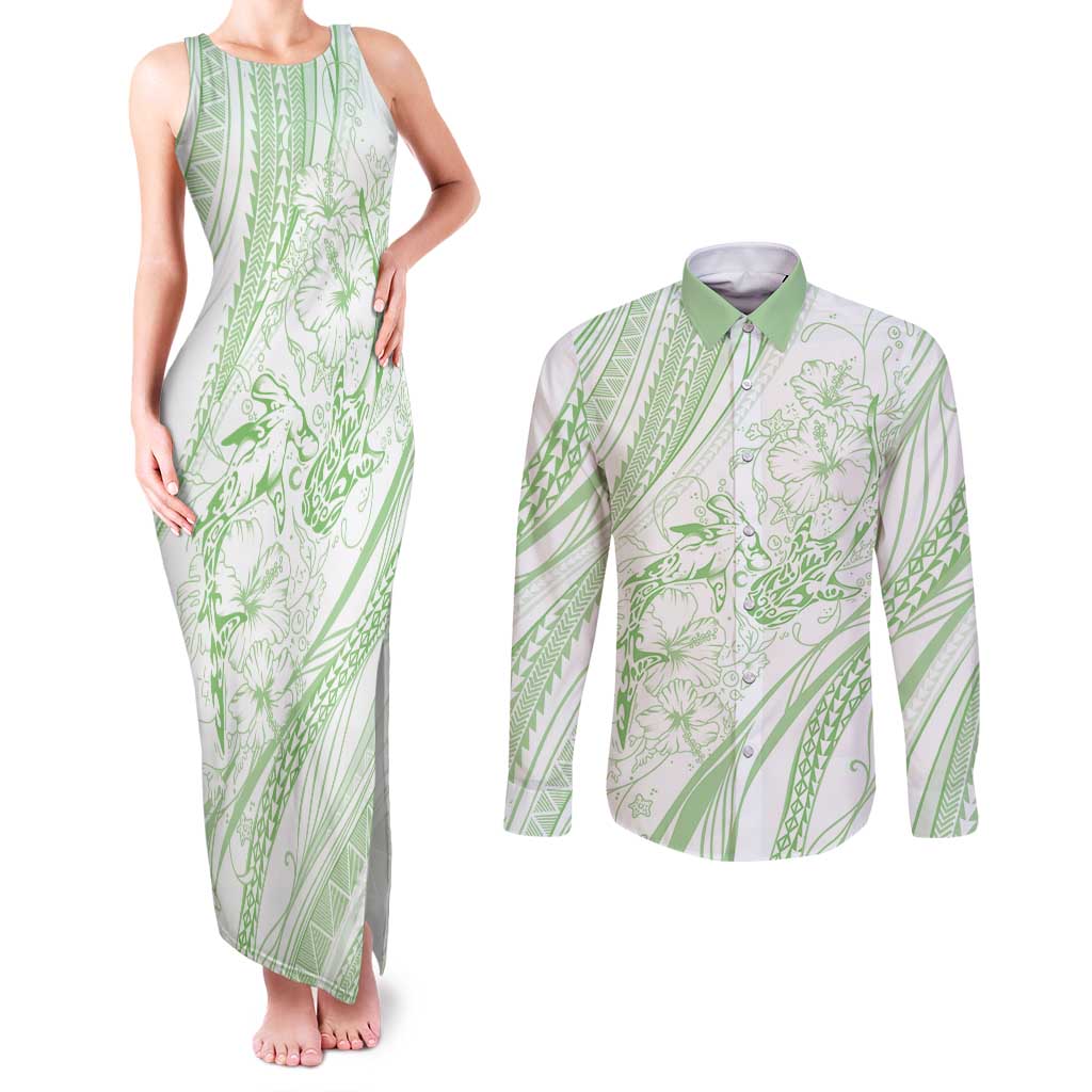 Sharks Couple Dreamy Polynesians Floral Sea Couples Matching Tank Maxi Dress and Long Sleeve Button Shirt Emerald LT7 Emerald - Polynesian Pride